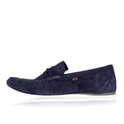 Navy blue suede woven slip on loafers